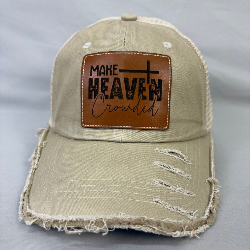 Make Heaven Crowded Tan Distressed Trucker Hat
